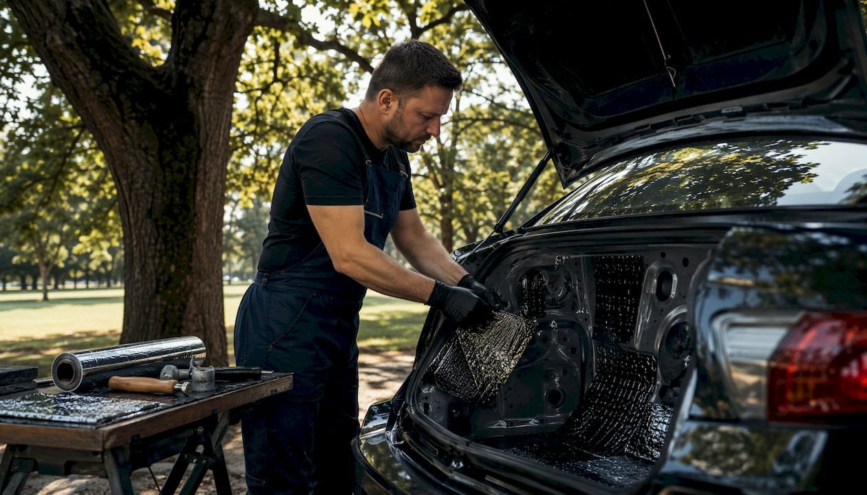Ein Fachmann bringt Dämmmatten im Kofferraum eines Autos an.
