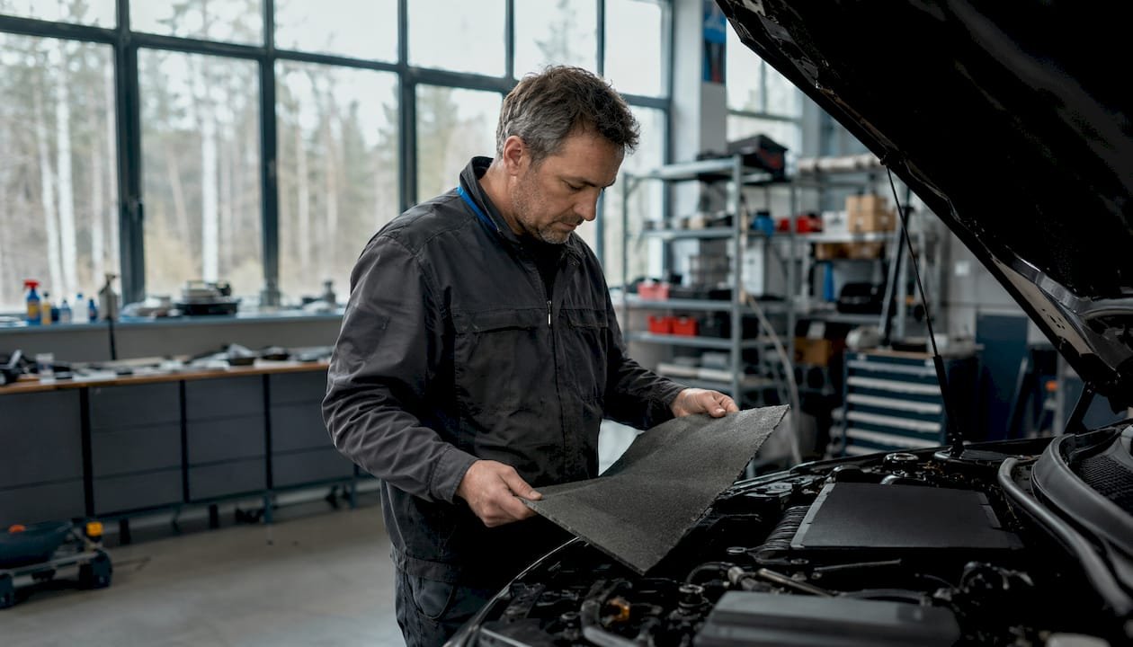 Ein Fachmann begutachtet die Isolierung im Motorraum.