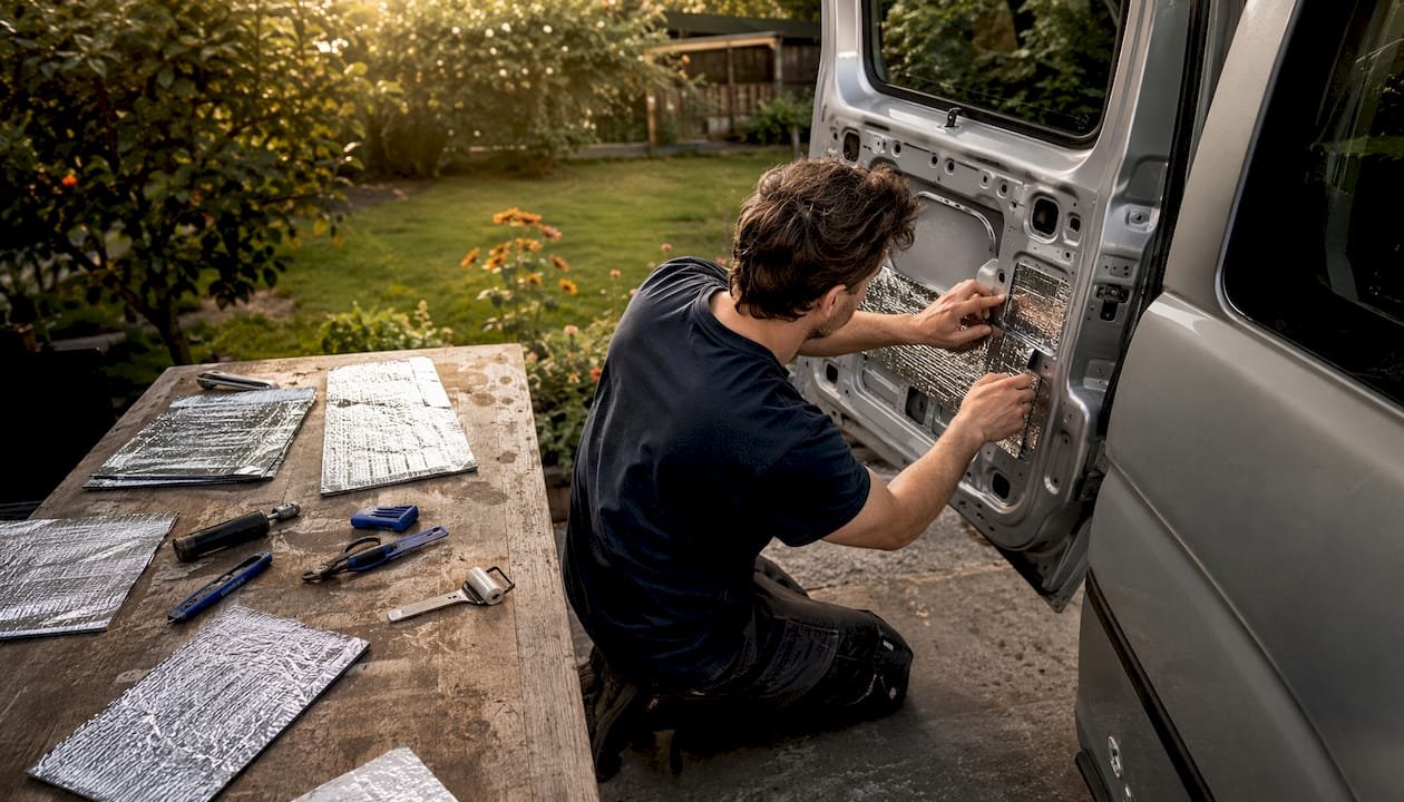 Ein Techniker bringt Alubutyl in der Autotür an, um für bessere Geräuschdämmung zu sorgen.
