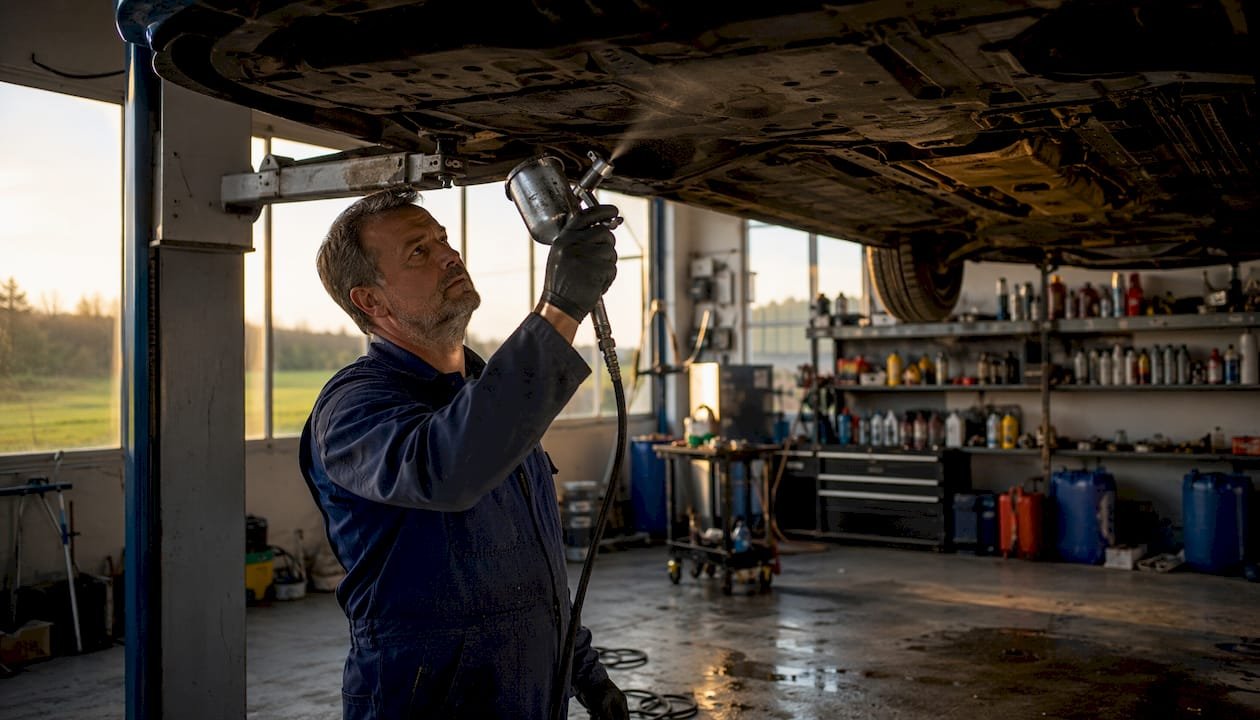 In der Werkstatt trägt ein Mechaniker frischen Unterbodenschutz am Auto auf.