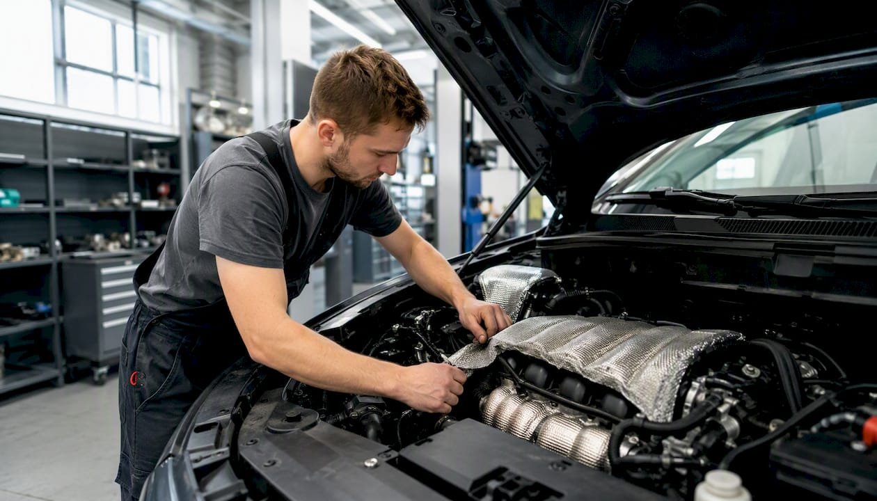 Fachkundige Hände bringen eine hitzebeständige Schalldämmung im Motorraum an.
