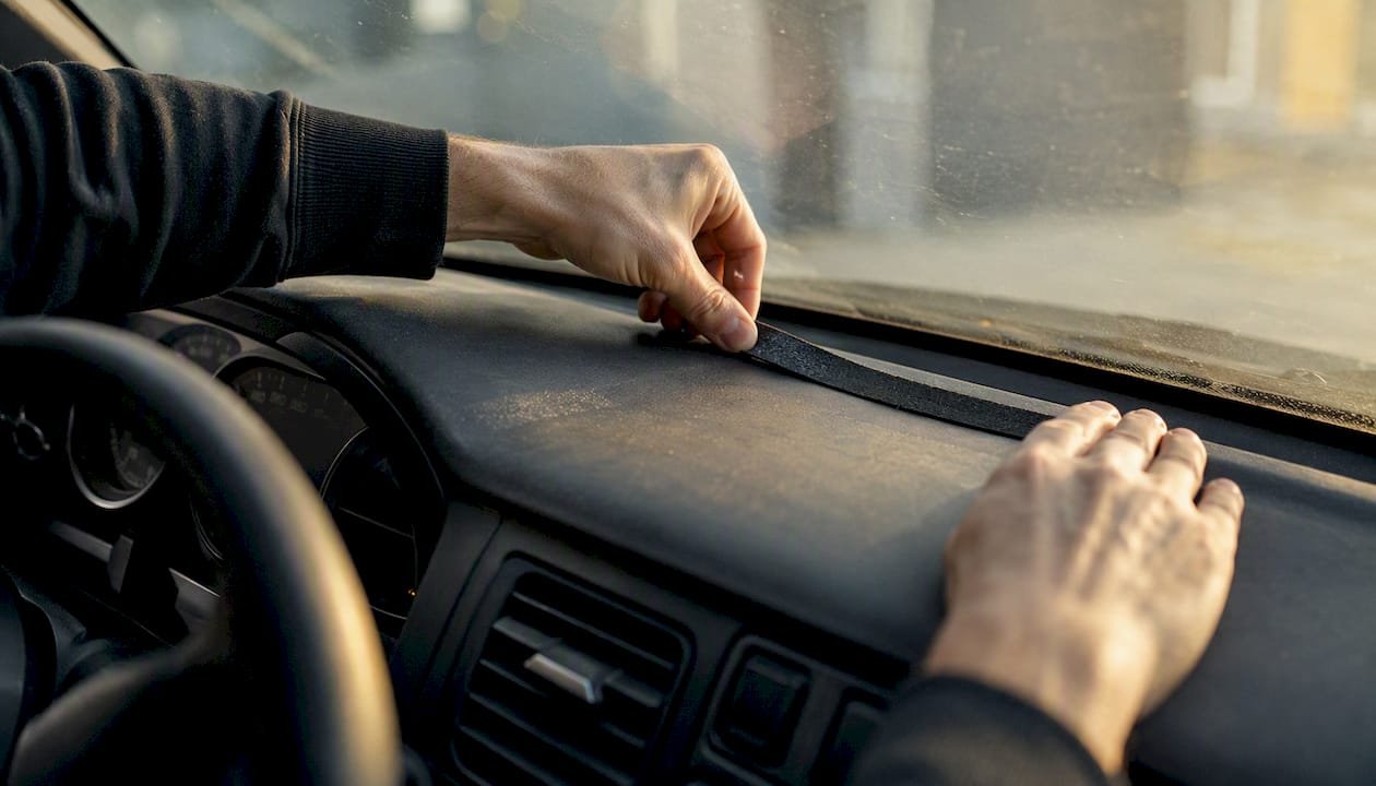 Mit geübten Händen wird eine Dämmmatte am Armaturenbrett eines Autos angebracht, um Fahrgeräusche zu reduzieren.