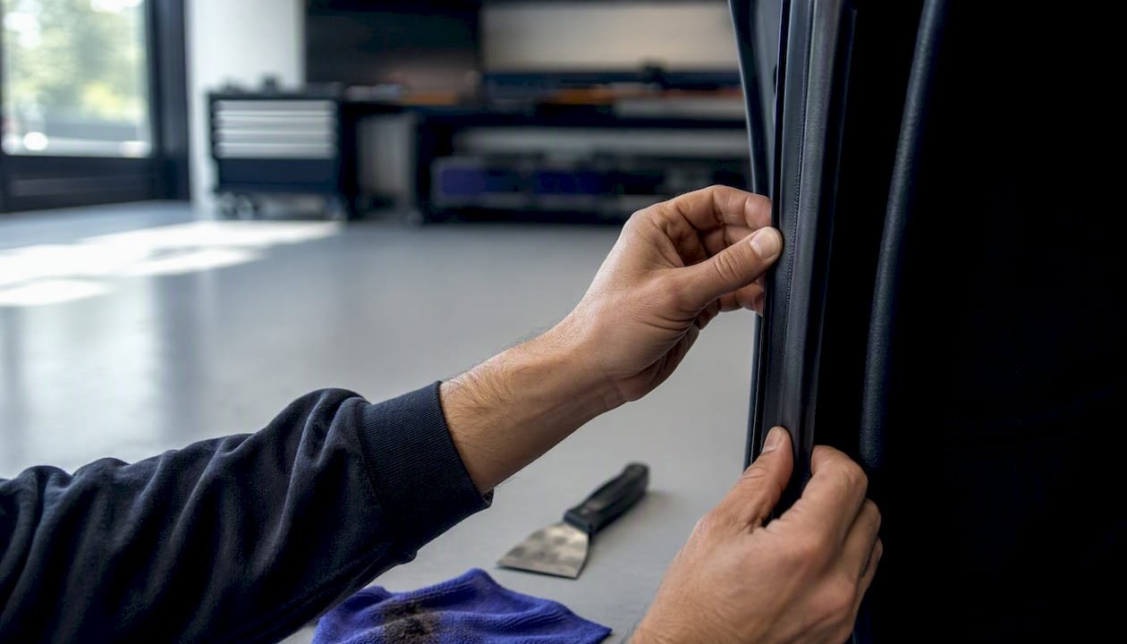 Mit geschickten Handgriffen wird eine schalldämmende Dichtung am Rand der Autotür angebracht.