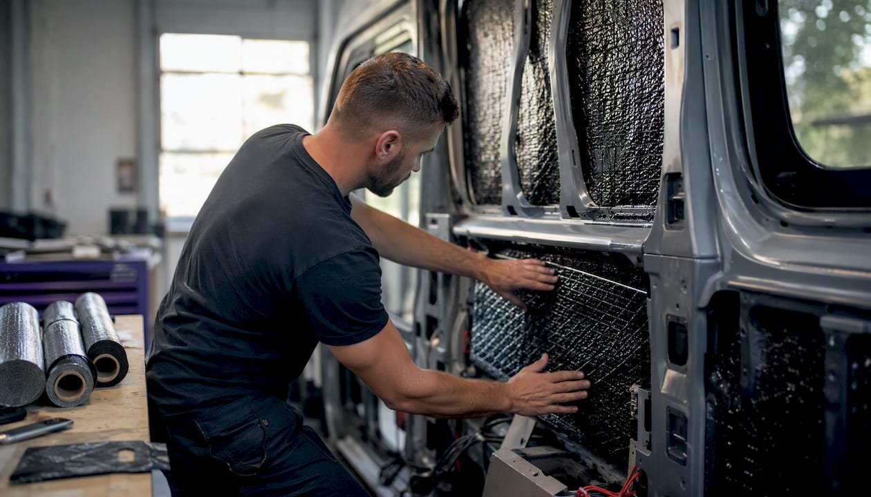 Mit geschickten Händen wird eine Dämmmatte im Campervan angebracht, um Geräusche effektiv zu reduzieren.