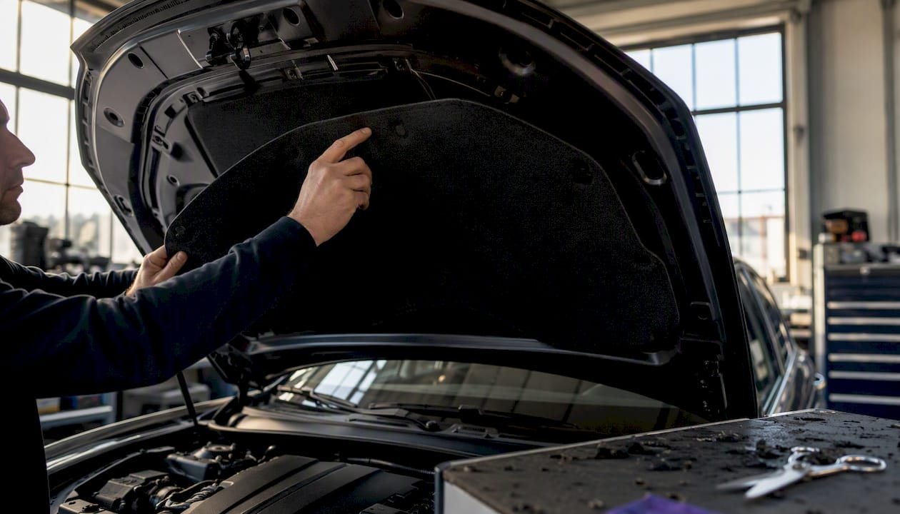 Mit beiden Händen wird eine Schalldämmmatte unter die Motorhaube eines Autos angebracht.